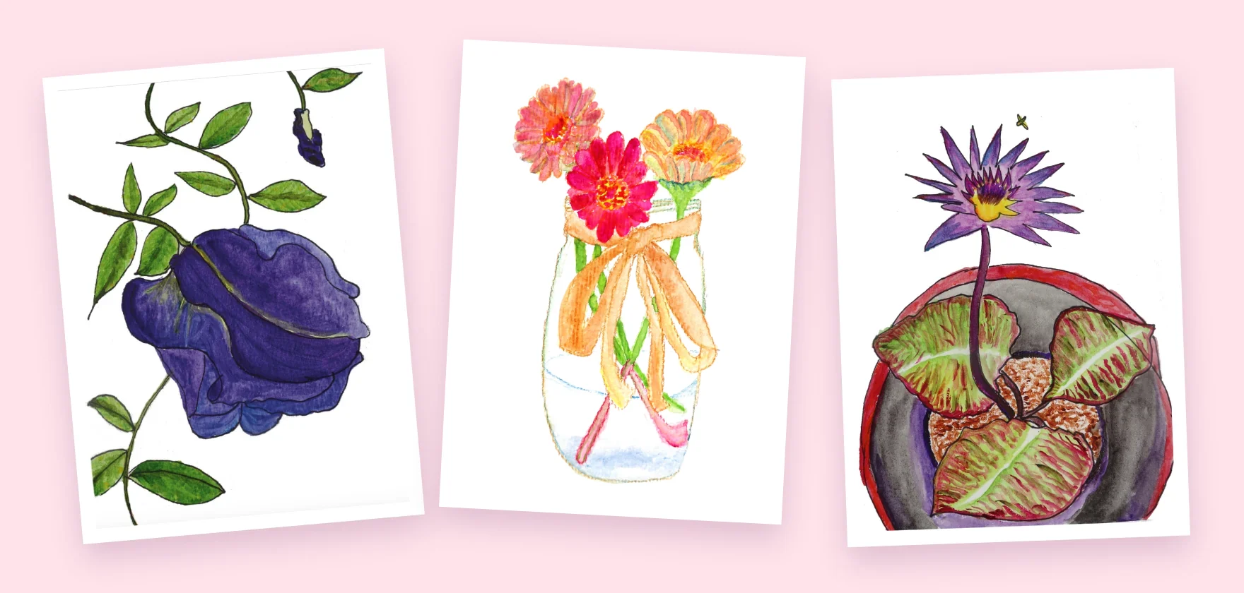Three of Elizabeth's watercolor cards: a deep blue blossom on a green vine, pink and orange zinnias in a glass jar tied with a peach ribbon, and a purple water lily in a bowl